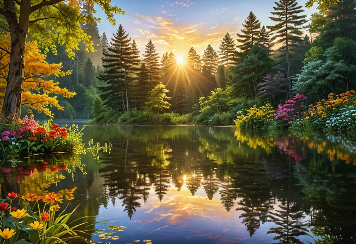 A serene landscape featuring a bright sunrise over a tranquil lake, with lush trees and colorful flowers, symbolizing positivity and cheerfulness. Include a person meditating near the water, surrounded by soft rays of light radiating outward. The overall mood should be uplifting and warm, encouraging a sense of blissful reflection. bright colors. super-realistic. nature-inspired.