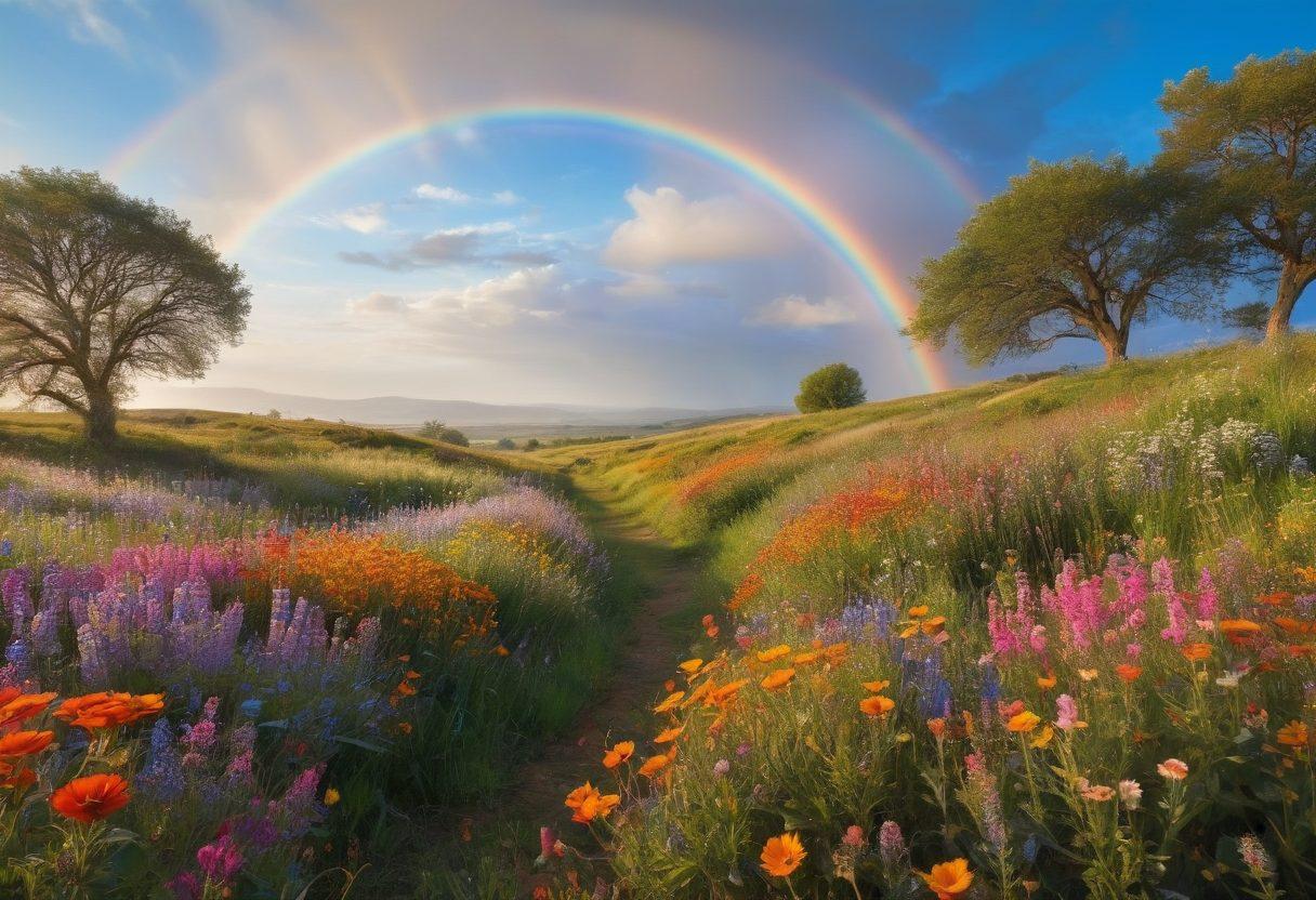 A serene landscape featuring a bright sun radiating warmth over a field of colorful wildflowers, with a diverse group of happy people engaging in joyful activities like dancing, painting, and laughing together. In the background, a rainbow arcs across a clear blue sky, symbolizing positivity and hope. The scene should evoke feelings of bliss and togetherness. vibrant colors. super-realistic.