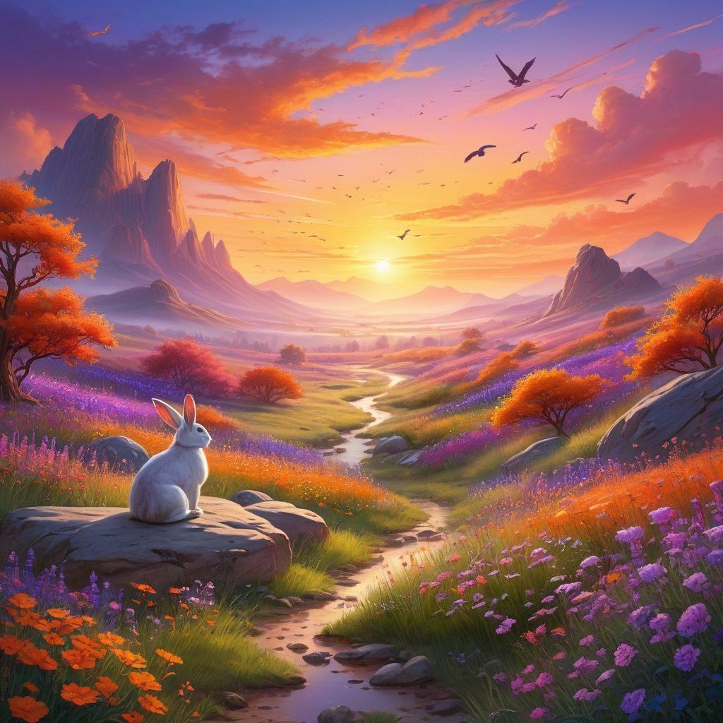 A serene landscape depicting a person meditating on a hilltop during sunrise, surrounded by vibrant wildflowers and flowing streams. The sky transitions from bright orange to soft purple, symbolizing the journey from elation to contentment. Include a subtle, glowing aura around the person to evoke joy. The foreground features small animals celebrating life. super-realistic. vibrant colors. peaceful atmosphere.